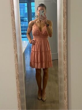 Tiered V-Neck Mini Dress in Peach - Sleeveless